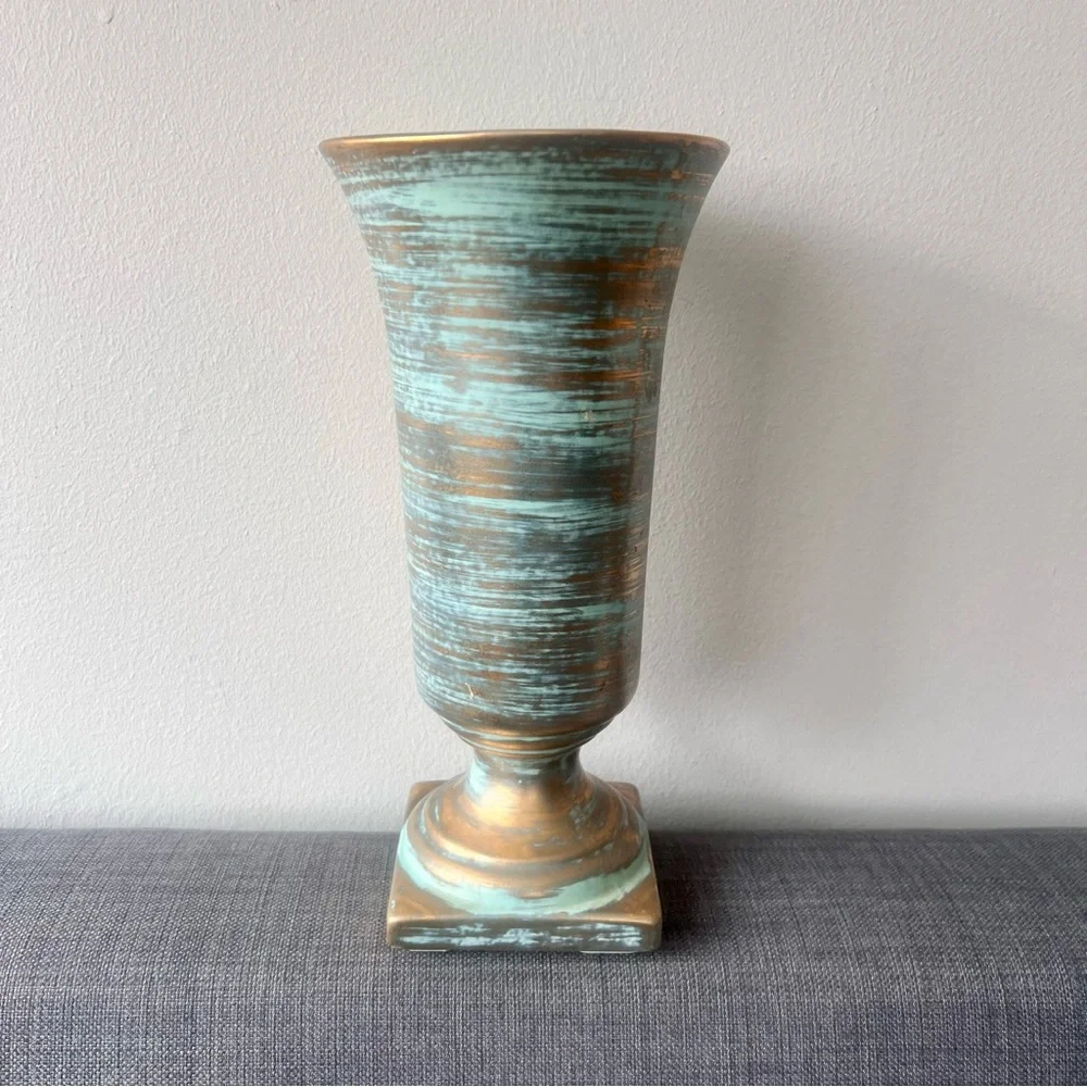 Elegant Stangl Aqua green and Gold/Bronze Vase 11” tall hard to find style